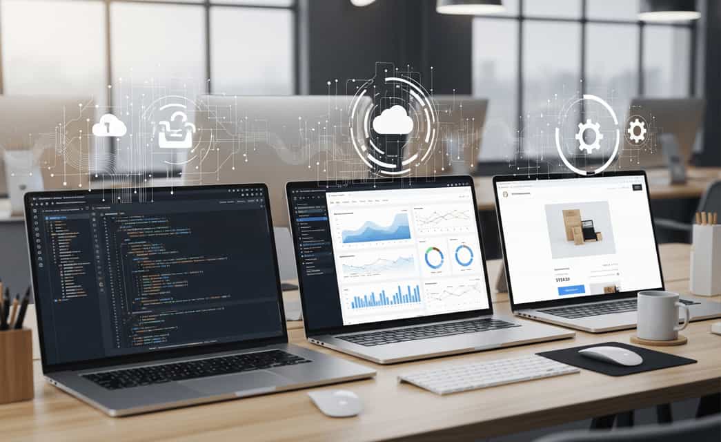 Three laptops on a desk in a modern office, showing code, a business dashboard, and an e-commerce page. An overlay of abstract tech lines, clouds, and gears connects the screens, symbolizing business growth powered by software.