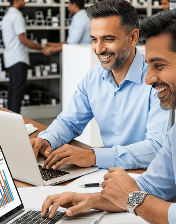 Two smiling men, both wearing light blue button-down shirts, are sitting at a desk and looking at a laptop screen together. One man is typing on the keyboard. The laptop screen displays a bar graph with colorful bars. In the background, two other men are shaking hands in what looks like an office or store.